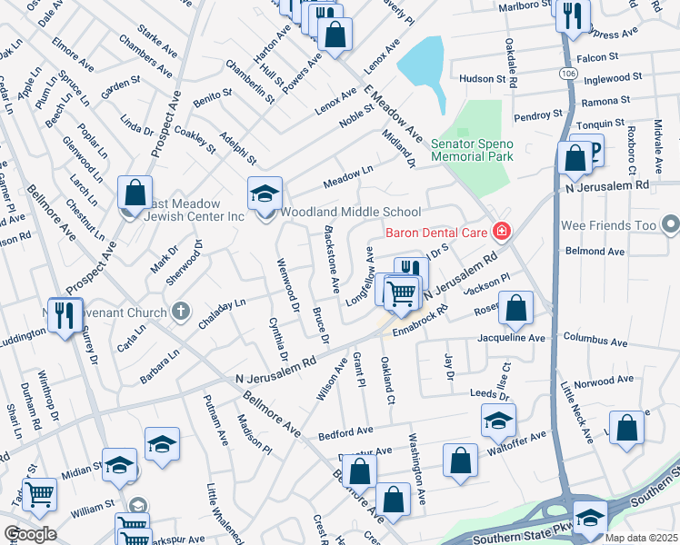 map of restaurants, bars, coffee shops, grocery stores, and more near 1932 Central Drive North in East Meadow