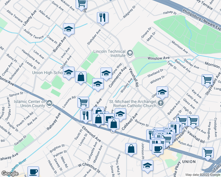 map of restaurants, bars, coffee shops, grocery stores, and more near 1133 Commerce Avenue in Union