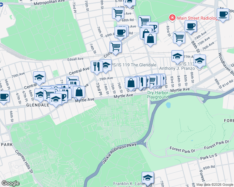map of restaurants, bars, coffee shops, grocery stores, and more near 74-17 Myrtle Avenue in Queens