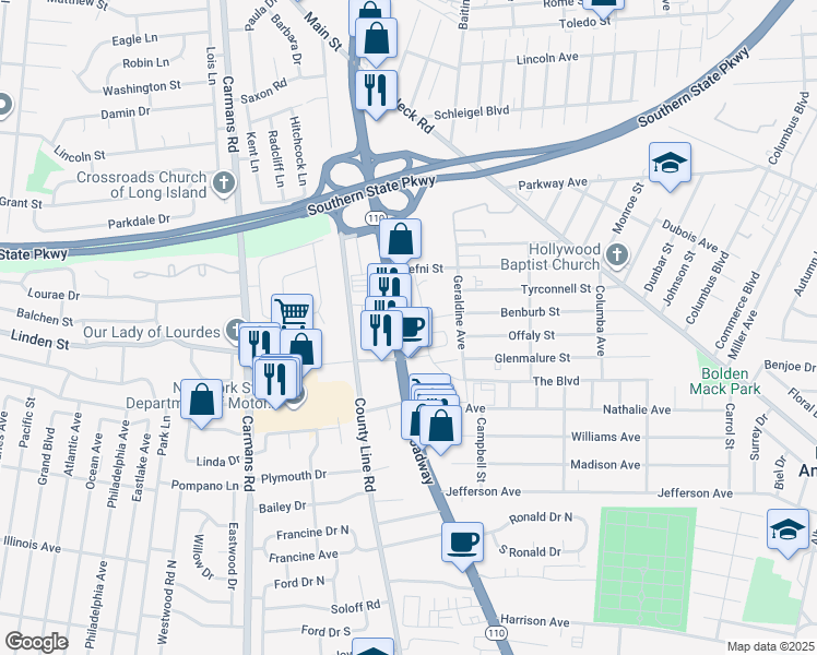 map of restaurants, bars, coffee shops, grocery stores, and more near 805 Broadway in Amityville