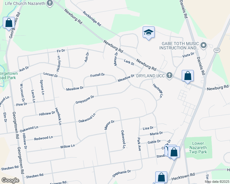 map of restaurants, bars, coffee shops, grocery stores, and more near 4512 Graystone Drive in Nazareth