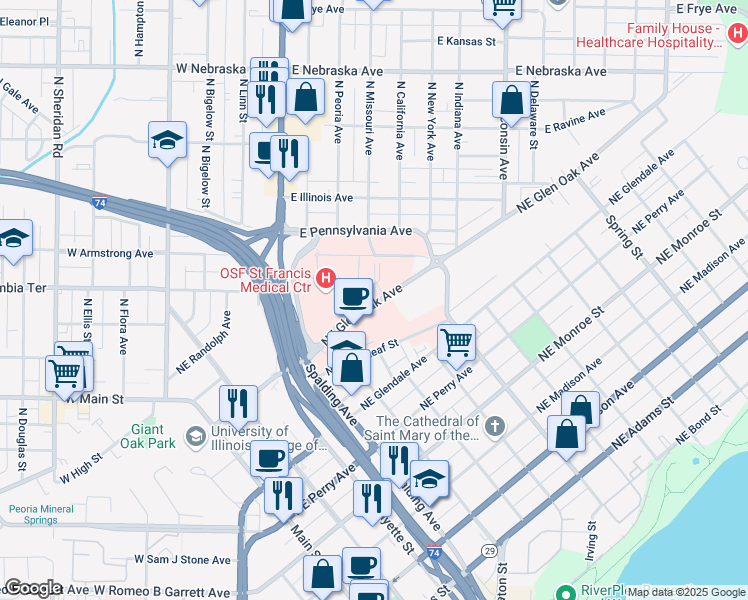 map of restaurants, bars, coffee shops, grocery stores, and more near 530 Northeast Glen Oak Avenue in Peoria