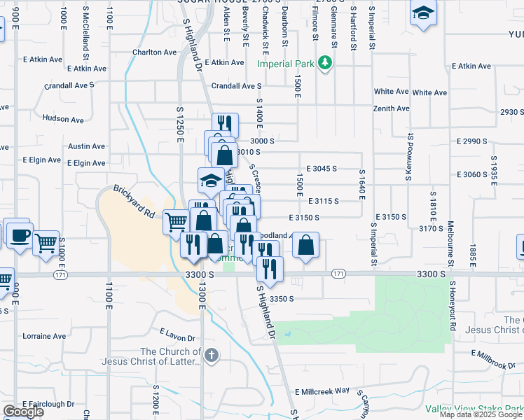 map of restaurants, bars, coffee shops, grocery stores, and more near 1423 East 3150 South in Salt Lake City