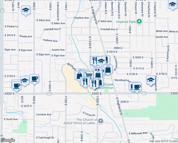 map of restaurants, bars, coffee shops, grocery stores, and more near 3180 South Richmond Street in Salt Lake City