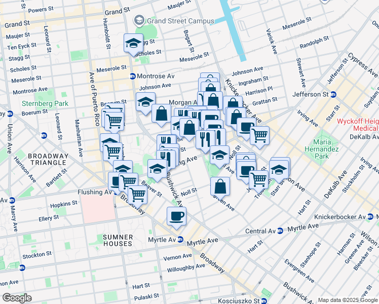 map of restaurants, bars, coffee shops, grocery stores, and more near 945 Flushing Avenue in Brooklyn