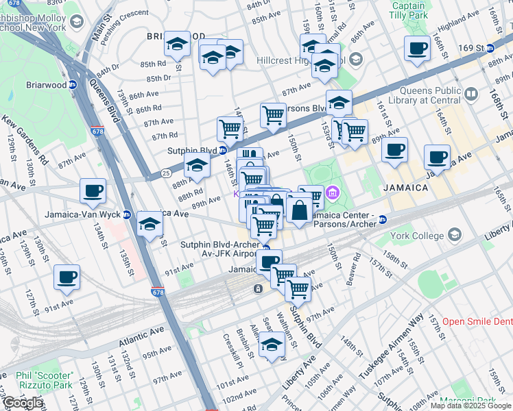 map of restaurants, bars, coffee shops, grocery stores, and more near 89-18 Sutphin Boulevard in Queens