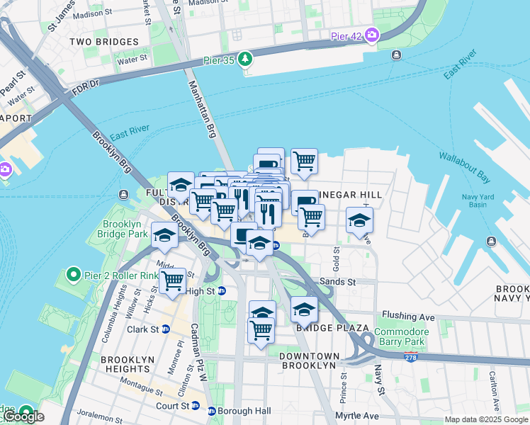 map of restaurants, bars, coffee shops, grocery stores, and more near 56 Jay Street in Brooklyn