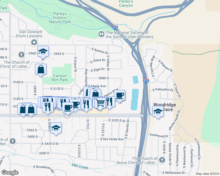map of restaurants, bars, coffee shops, grocery stores, and more near 3142 South Valley Street in Salt Lake City