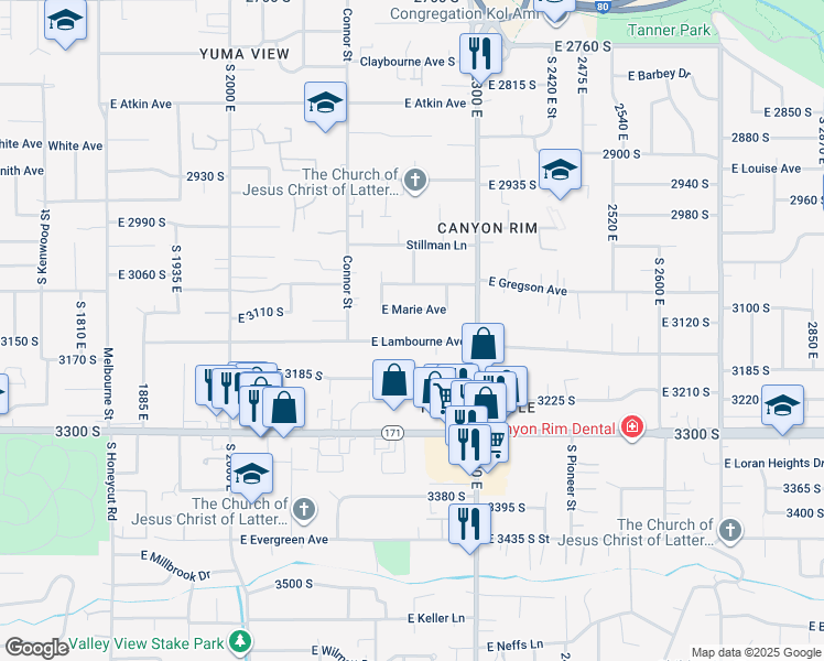 map of restaurants, bars, coffee shops, grocery stores, and more near 2256 East Lambourne Avenue in Salt Lake City