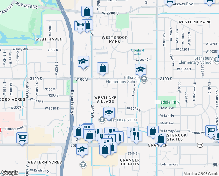 map of restaurants, bars, coffee shops, grocery stores, and more near 3520 Westlake Road in West Valley City