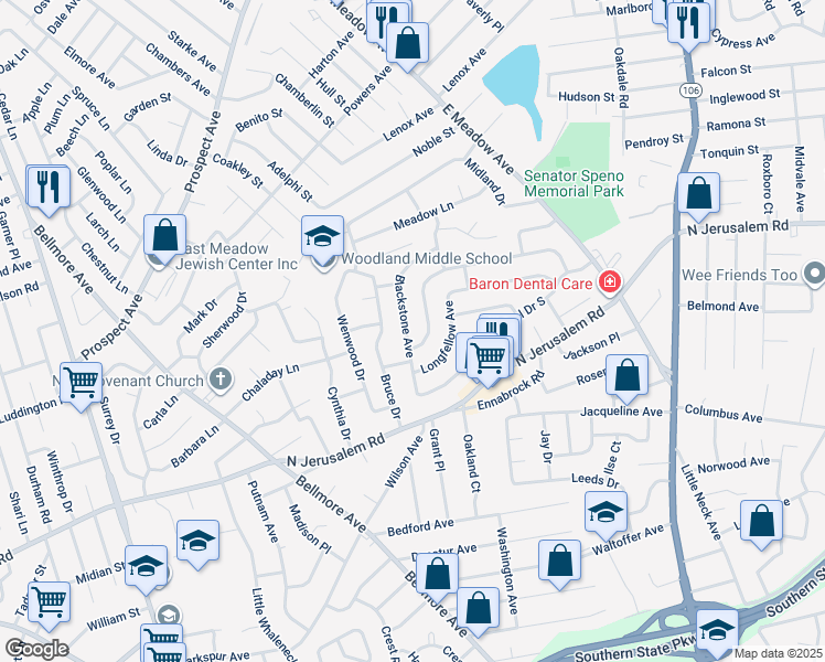 map of restaurants, bars, coffee shops, grocery stores, and more near 1932 Central Drive North in East Meadow