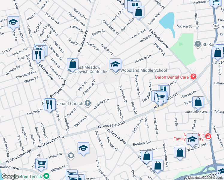 map of restaurants, bars, coffee shops, grocery stores, and more near 1820 Andrea Road in East Meadow