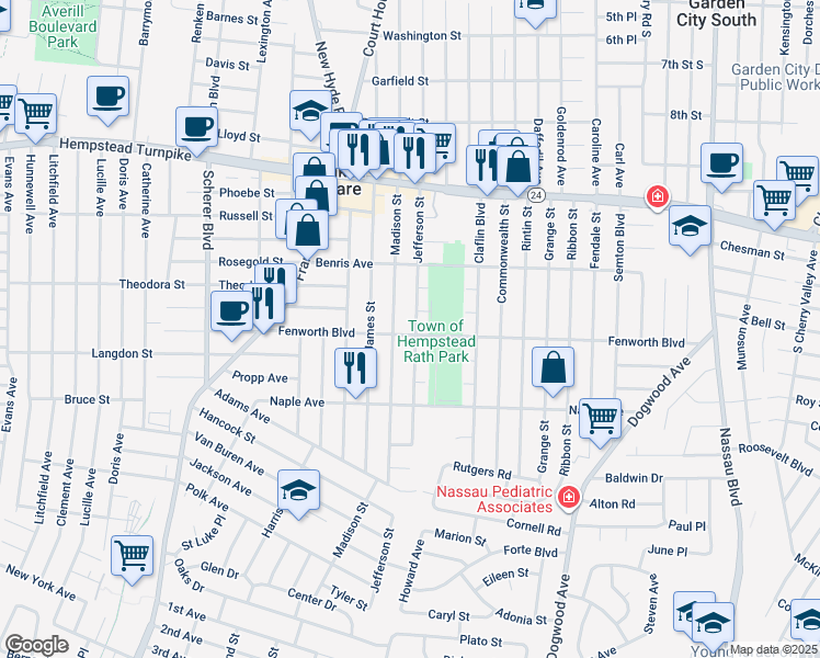 map of restaurants, bars, coffee shops, grocery stores, and more near 881 Fenworth Boulevard in Franklin Square