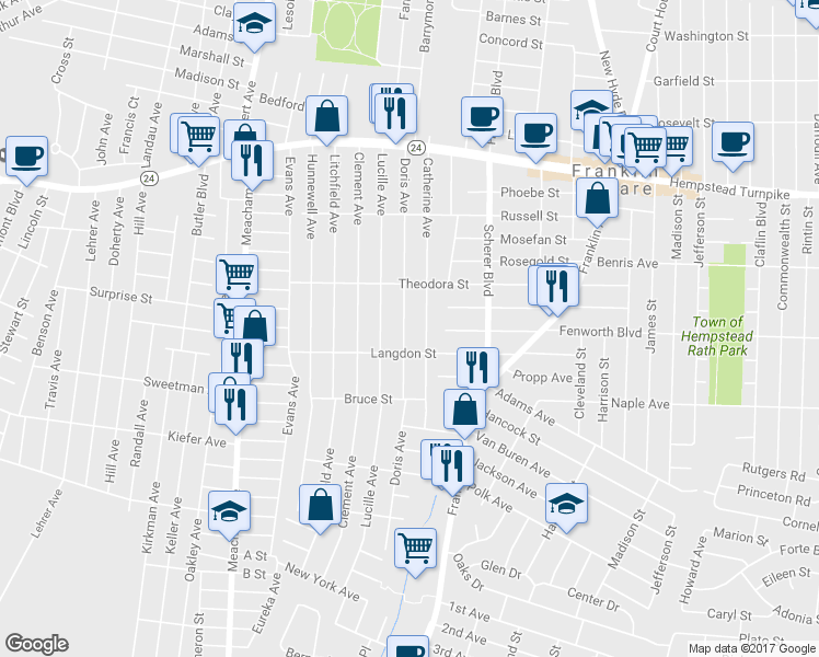 map of restaurants, bars, coffee shops, grocery stores, and more near 208 Doris Avenue in Franklin Square