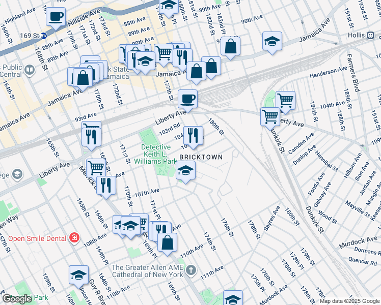 map of restaurants, bars, coffee shops, grocery stores, and more near 173-45 106th Avenue in Queens
