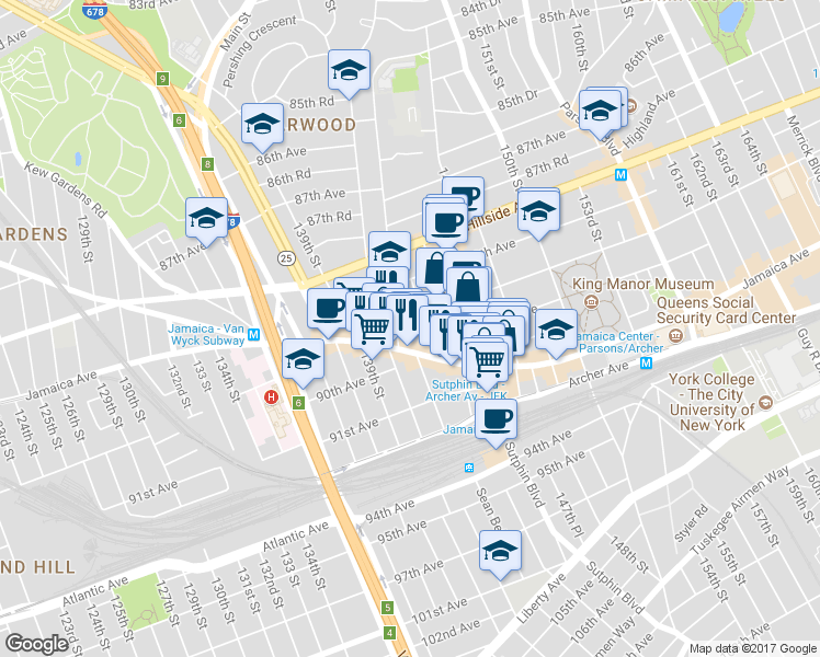 map of restaurants, bars, coffee shops, grocery stores, and more near 89-14 146th Street in Queens