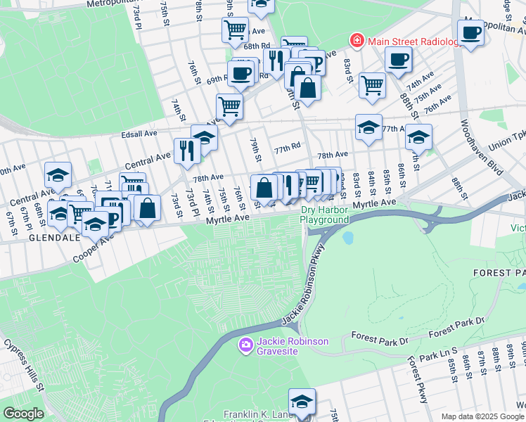 map of restaurants, bars, coffee shops, grocery stores, and more near Myrtle Avenue in Queens