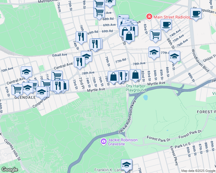 map of restaurants, bars, coffee shops, grocery stores, and more near Myrtle Avenue in Queens