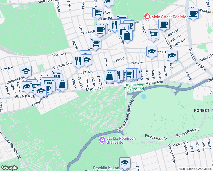 map of restaurants, bars, coffee shops, grocery stores, and more near Myrtle Avenue in Queens