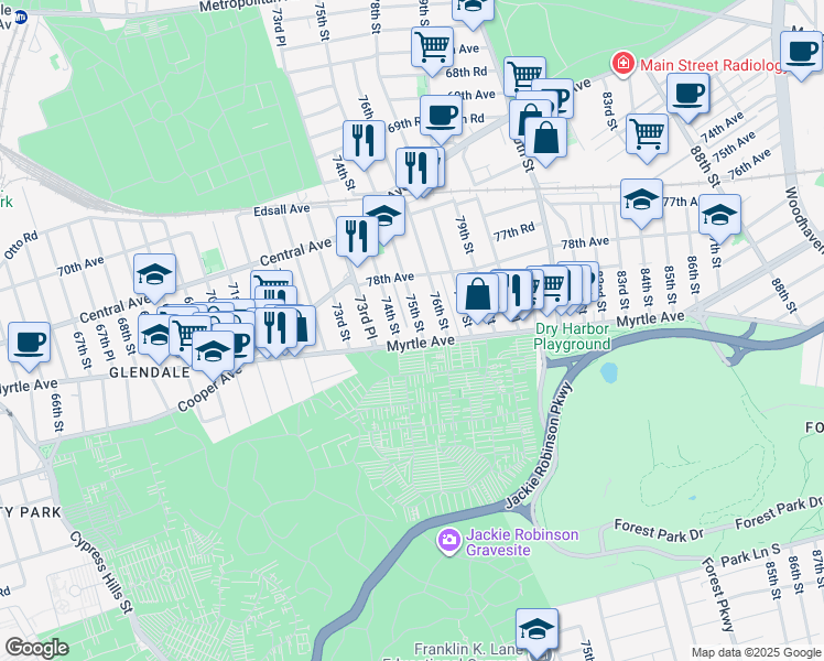 map of restaurants, bars, coffee shops, grocery stores, and more near 74-17 Myrtle Avenue in Queens