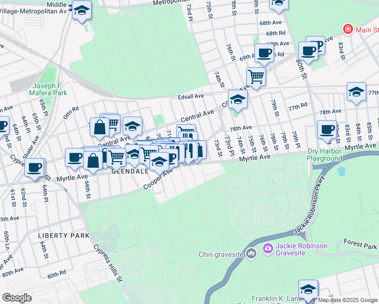map of restaurants, bars, coffee shops, grocery stores, and more near 71-66 71st Place in Queens