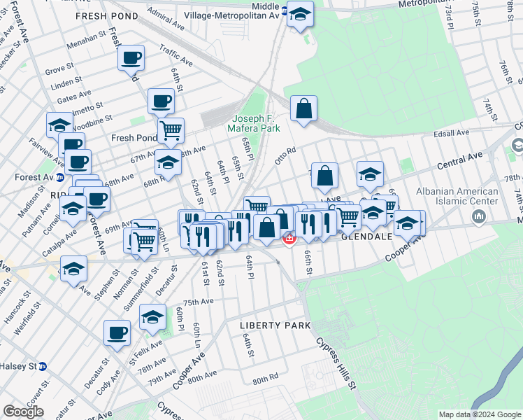 map of restaurants, bars, coffee shops, grocery stores, and more near 2618 Central Avenue in Queens