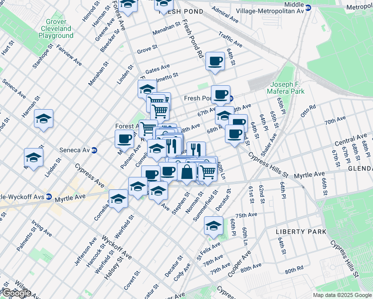 map of restaurants, bars, coffee shops, grocery stores, and more near 60-07 69th Avenue in Queens