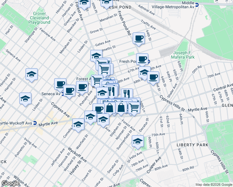 map of restaurants, bars, coffee shops, grocery stores, and more near 68-59 Forest Avenue in Queens