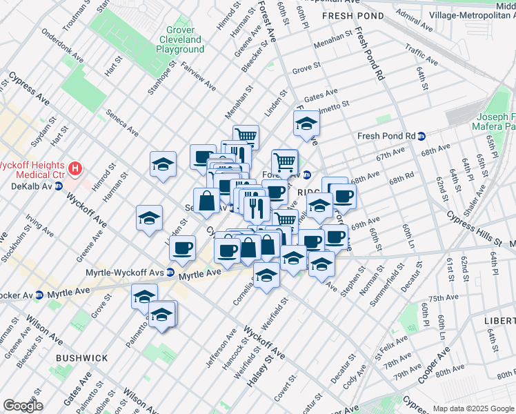 map of restaurants, bars, coffee shops, grocery stores, and more near 18-14 Woodbine Street in Queens