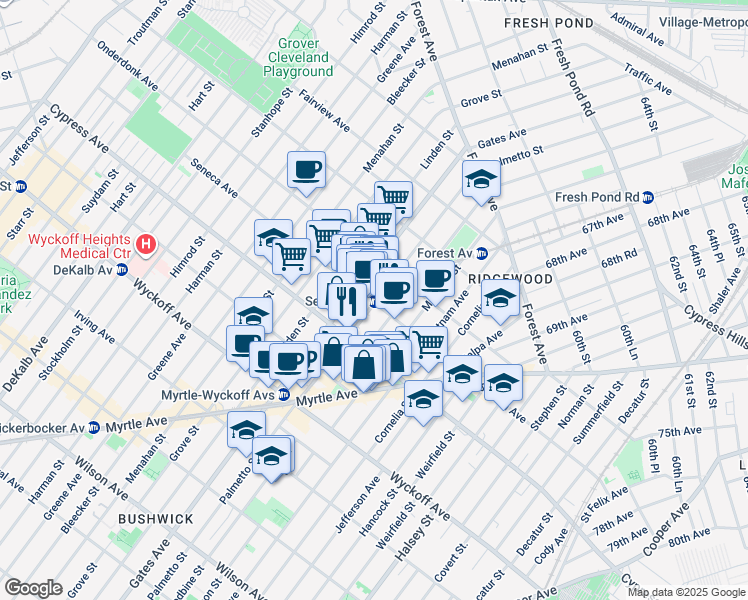 map of restaurants, bars, coffee shops, grocery stores, and more near in Queens