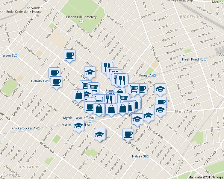 map of restaurants, bars, coffee shops, grocery stores, and more near 17-07 Gates Avenue in Queens