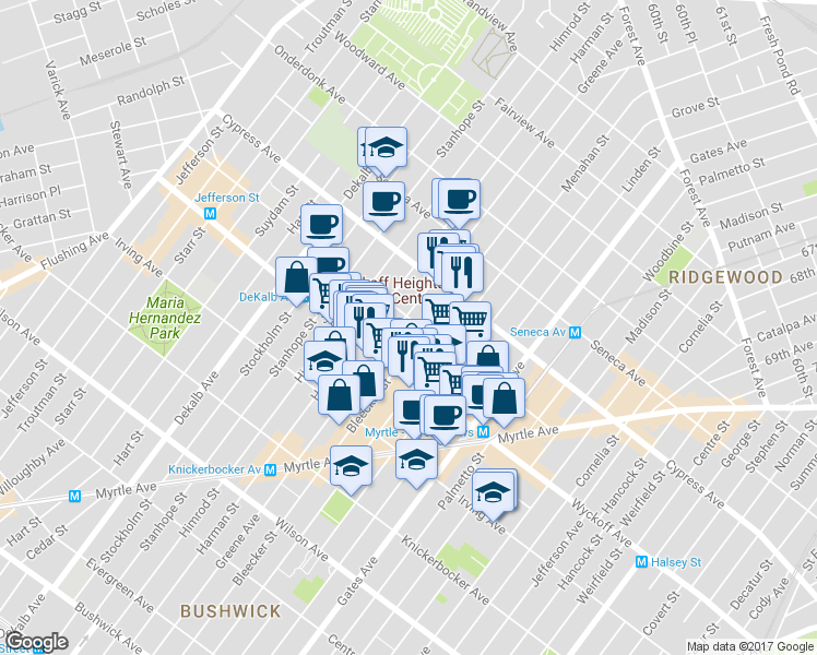 map of restaurants, bars, coffee shops, grocery stores, and more near 397 Bleecker Street in Brooklyn