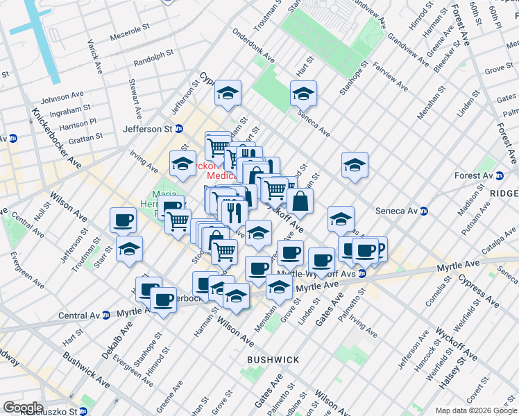 map of restaurants, bars, coffee shops, grocery stores, and more near 300 Stanhope Street in Brooklyn
