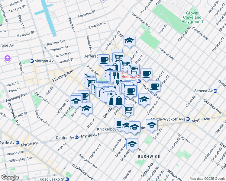 map of restaurants, bars, coffee shops, grocery stores, and more near 1535 Dekalb Avenue in Brooklyn