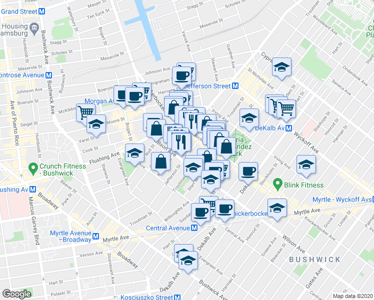 map of restaurants, bars, coffee shops, grocery stores, and more near in Brooklyn