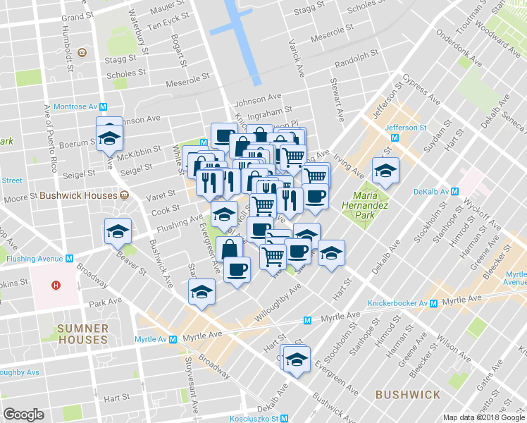 map of restaurants, bars, coffee shops, grocery stores, and more near 85 George Street in Brooklyn
