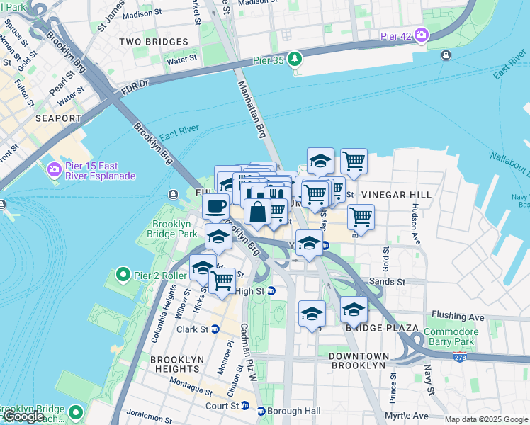 map of restaurants, bars, coffee shops, grocery stores, and more near 81 Front Street in Brooklyn