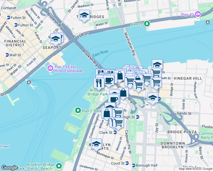 map of restaurants, bars, coffee shops, grocery stores, and more near 9 Water Street in Brooklyn