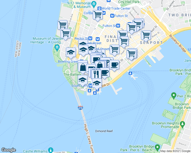 map of restaurants, bars, coffee shops, grocery stores, and more near in New York