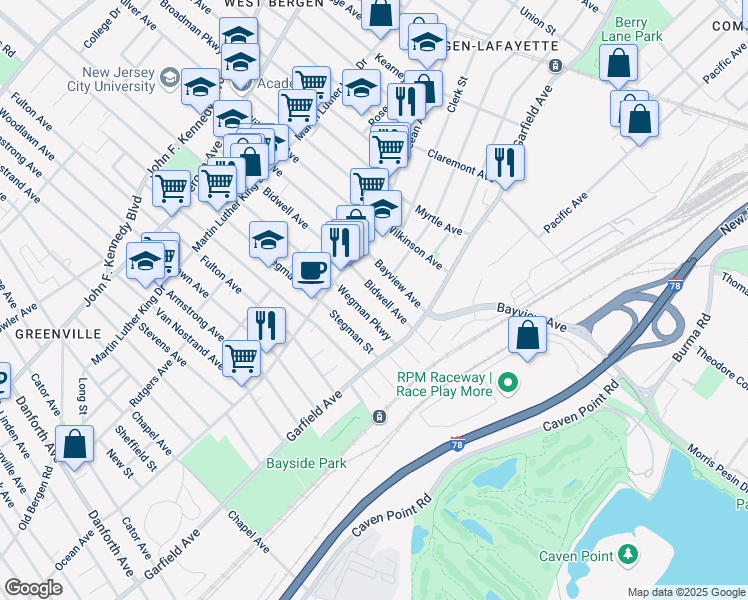 map of restaurants, bars, coffee shops, grocery stores, and more near 38 Wegman Parkway in Jersey City