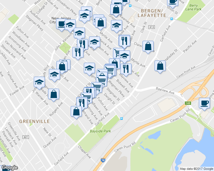 map of restaurants, bars, coffee shops, grocery stores, and more near 60 Stegman Street in Jersey City