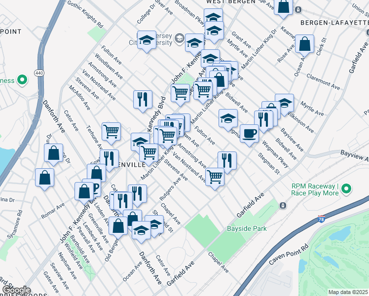 map of restaurants, bars, coffee shops, grocery stores, and more near 164 Rose Avenue in Jersey City