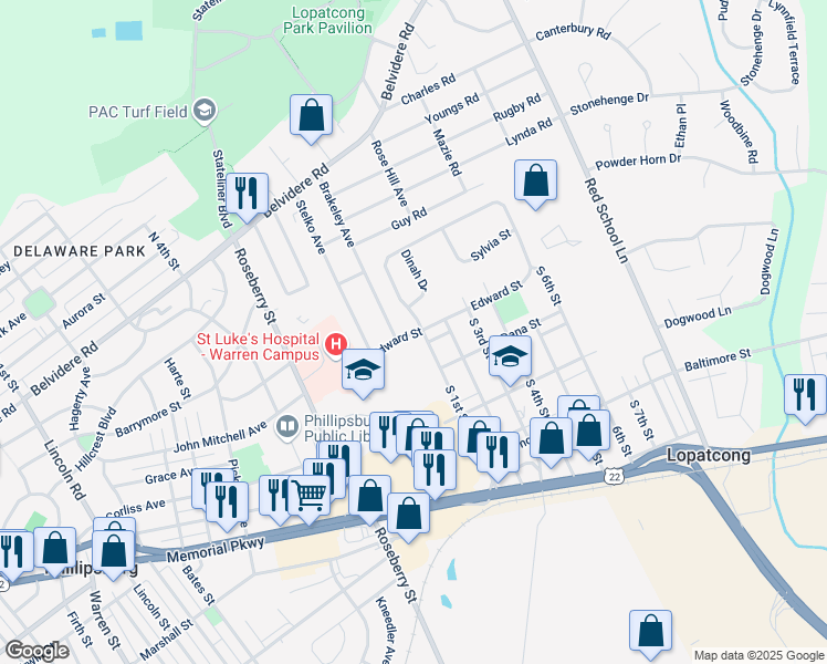 map of restaurants, bars, coffee shops, grocery stores, and more near 100 Edward Street in Phillipsburg