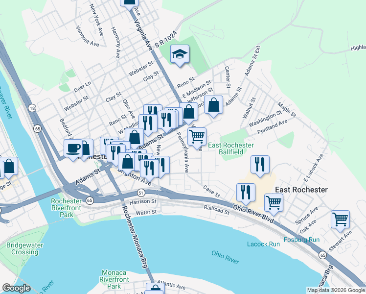 map of restaurants, bars, coffee shops, grocery stores, and more near 192 1-12 Pennsylvania Avenue in Rochester