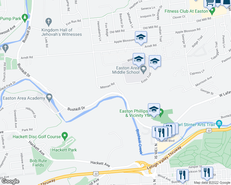 map of restaurants, bars, coffee shops, grocery stores, and more near 1401 Bushkill Drive in Easton