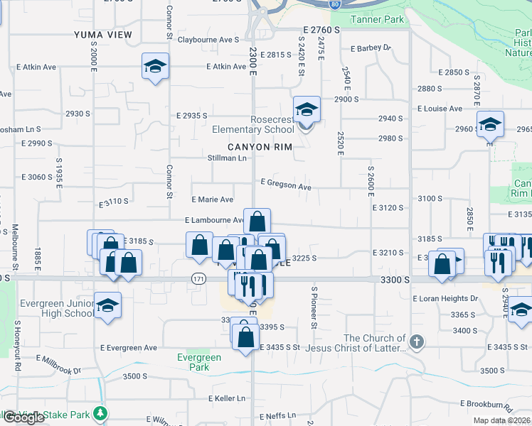 map of restaurants, bars, coffee shops, grocery stores, and more near 3123 South 2300 East in Millcreek