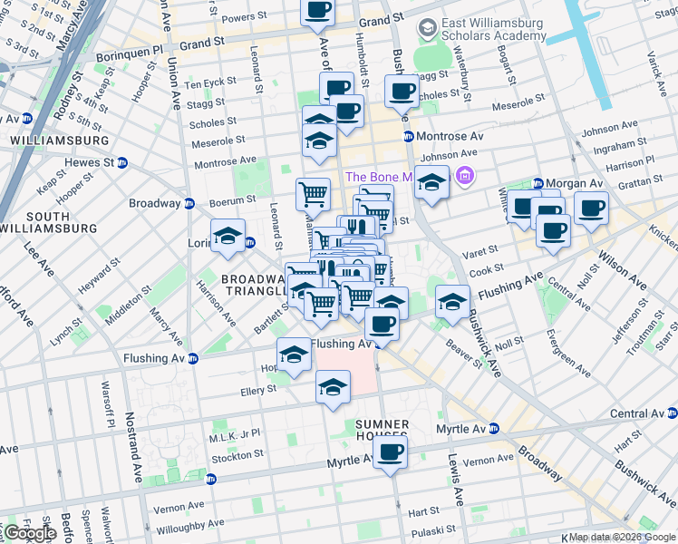 map of restaurants, bars, coffee shops, grocery stores, and more near 44 Varet Street in Brooklyn
