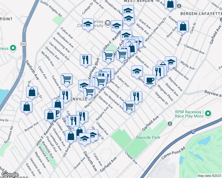 map of restaurants, bars, coffee shops, grocery stores, and more near 164 Rose Avenue in Jersey City