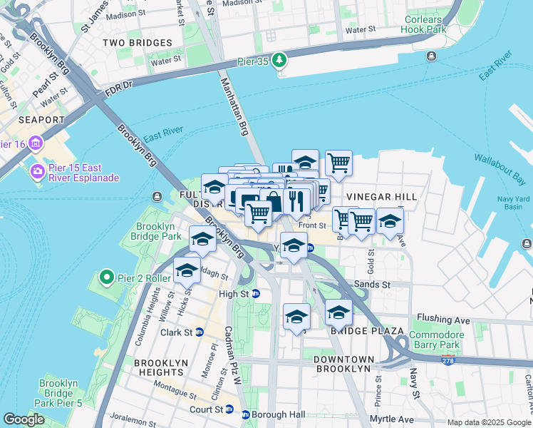 map of restaurants, bars, coffee shops, grocery stores, and more near 28 Adams Street in Brooklyn