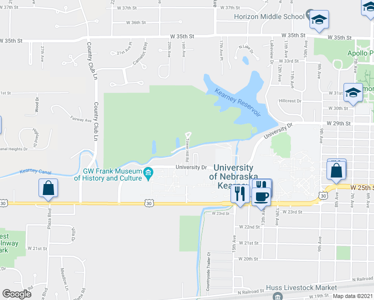 map of restaurants, bars, coffee shops, grocery stores, and more near 2743 Tower Hill Road in Kearney